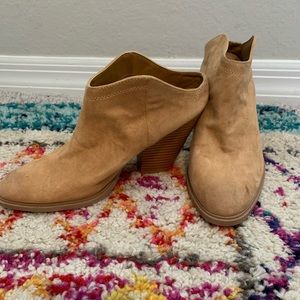 Tan open back booties